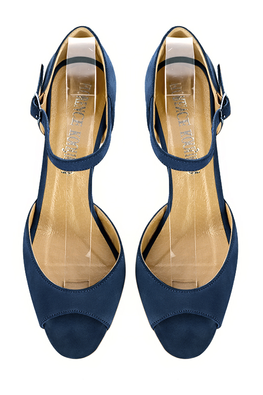 Navy blue women's closed back sandals, with an instep strap. Square toe. Medium block heels. Top view - Florence KOOIJMAN
